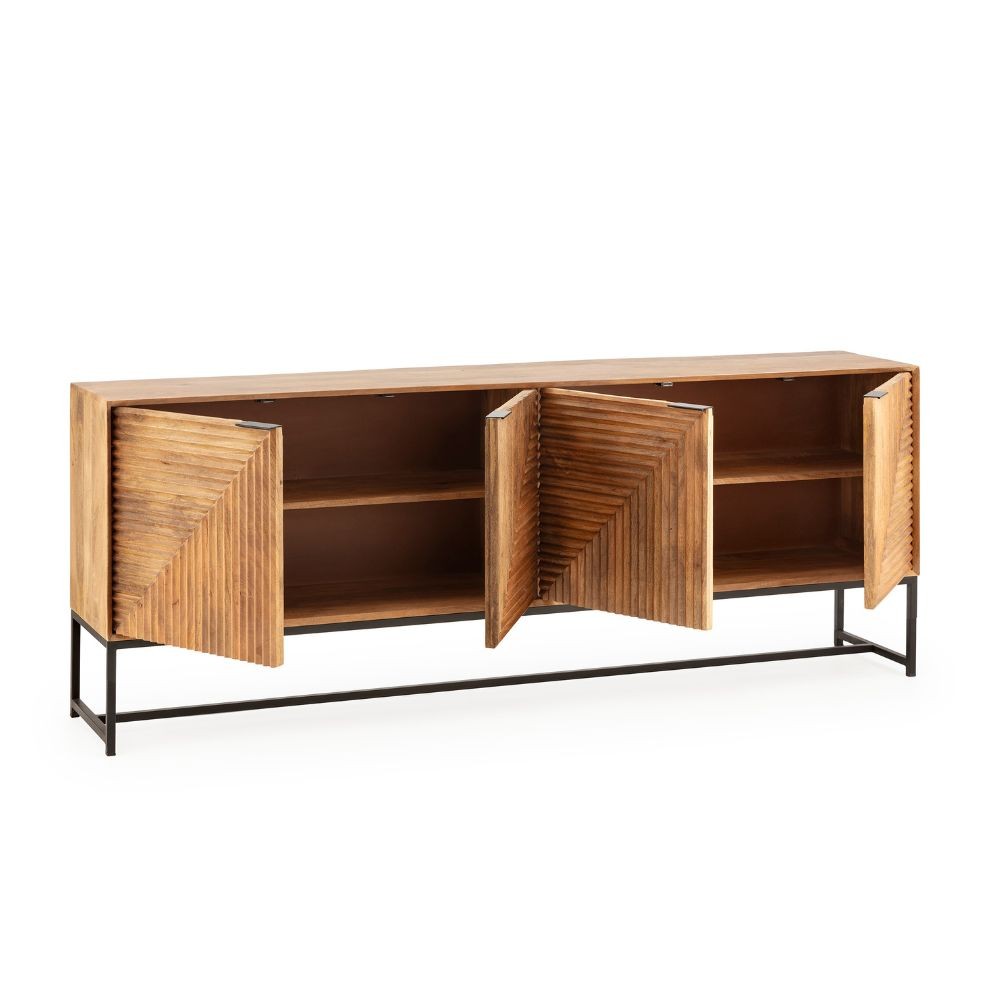 Credenza Nereida 210 cm. in legno massiccio 4 ante e gambe in metallo nero