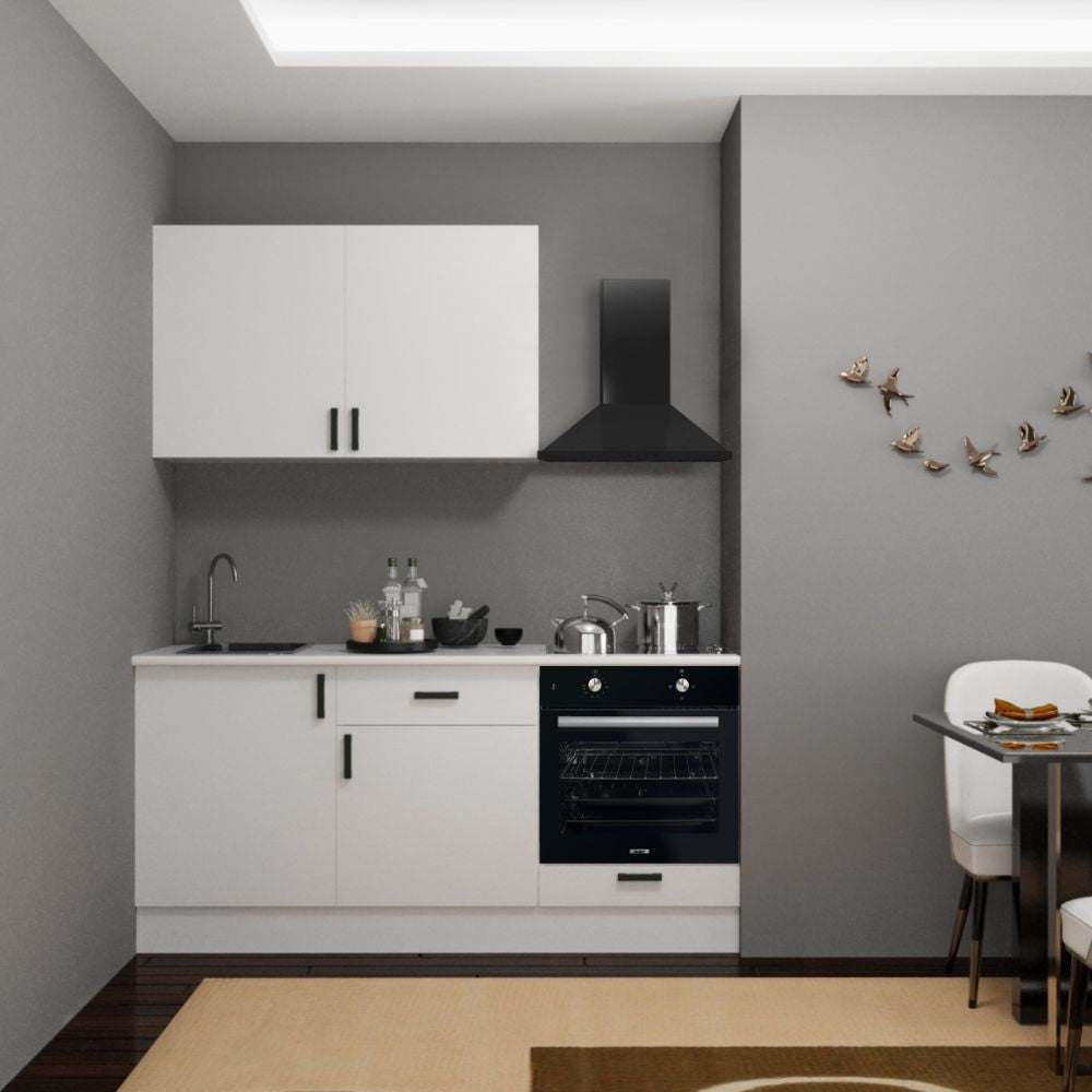Cucina Asti 180 cm. reversibile elettrodomestici inclusi colore bianco e maniglie in metallo nero