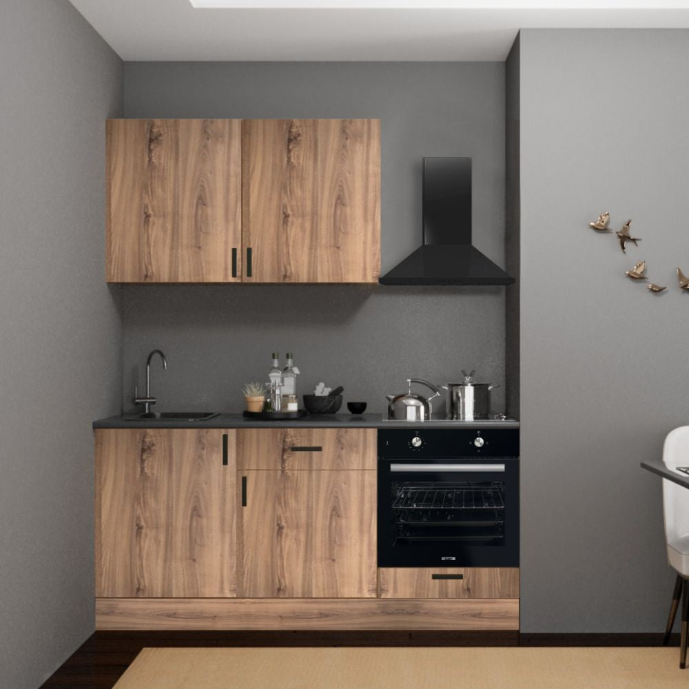 Cucina Asti 180 cm. reversibile elettrodomestici inclusi colore rovere nodato e maniglie in metallo nero