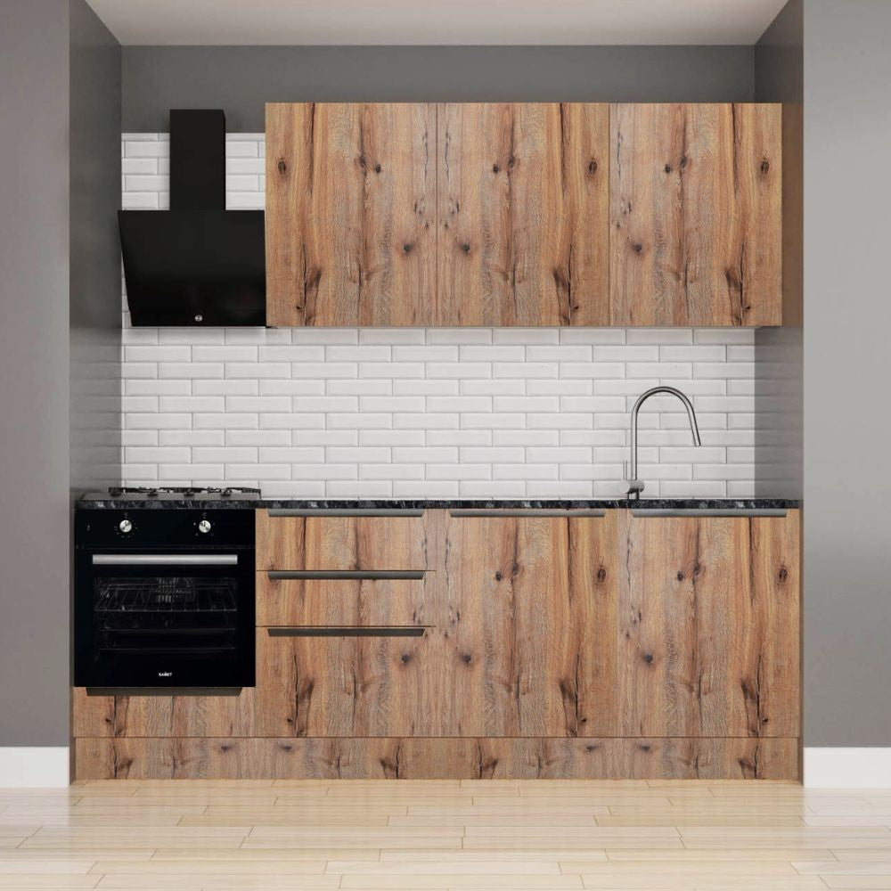 Cucina Casale 240 cm. reversibile con elettrodomestici inclusi con cassa bianca e ante rovere detroit