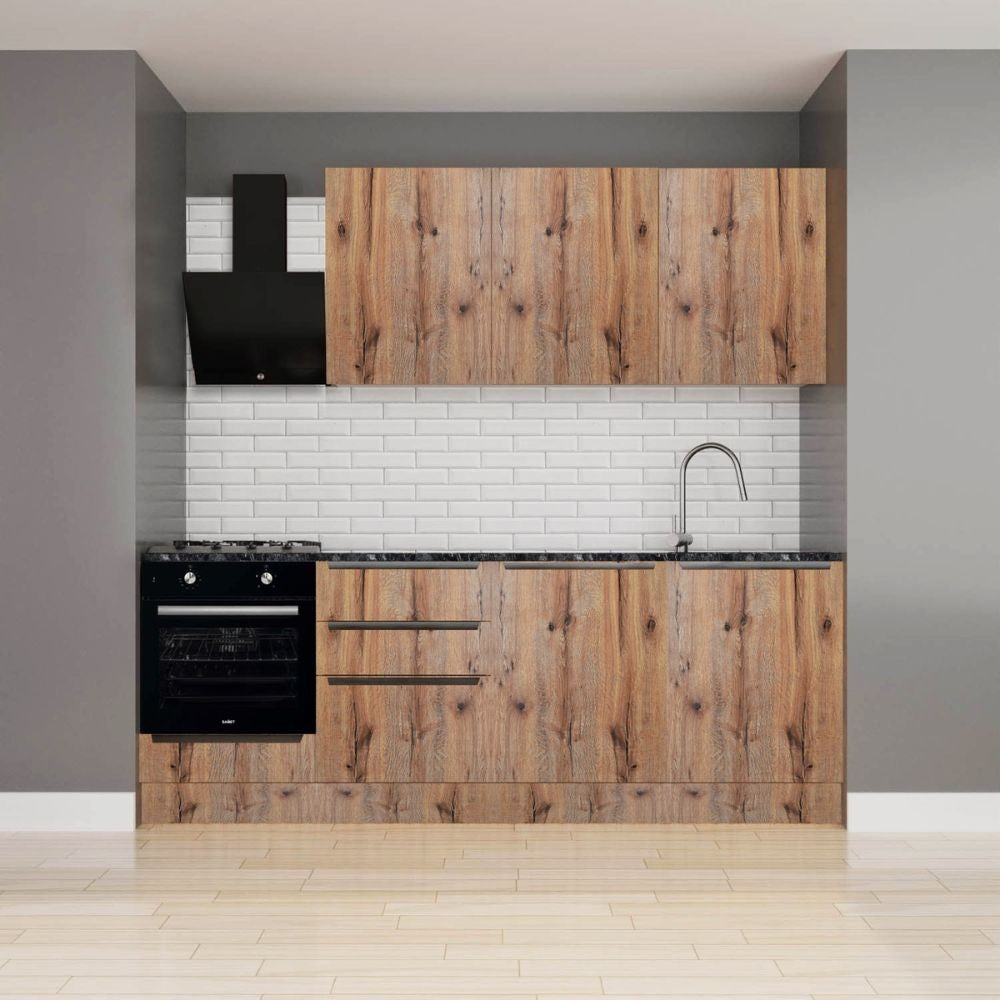 Cucina Casale 240 cm. reversibile con elettrodomestici inclusi con cassa bianca e ante rovere detroit