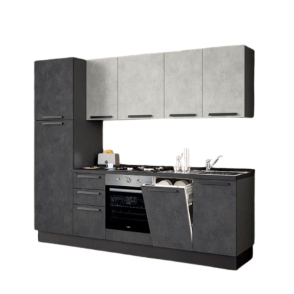 Cucina Licola 255x216 H reversibile colore iron e pensili spatolato con lavastoviglie