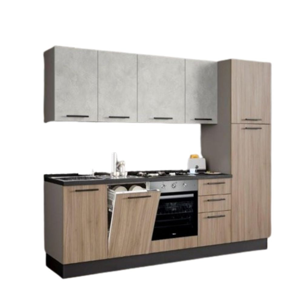 Cucina Licola 255x216H reversibile colore noce chiaro e pensili spatolato con lavastoviglie