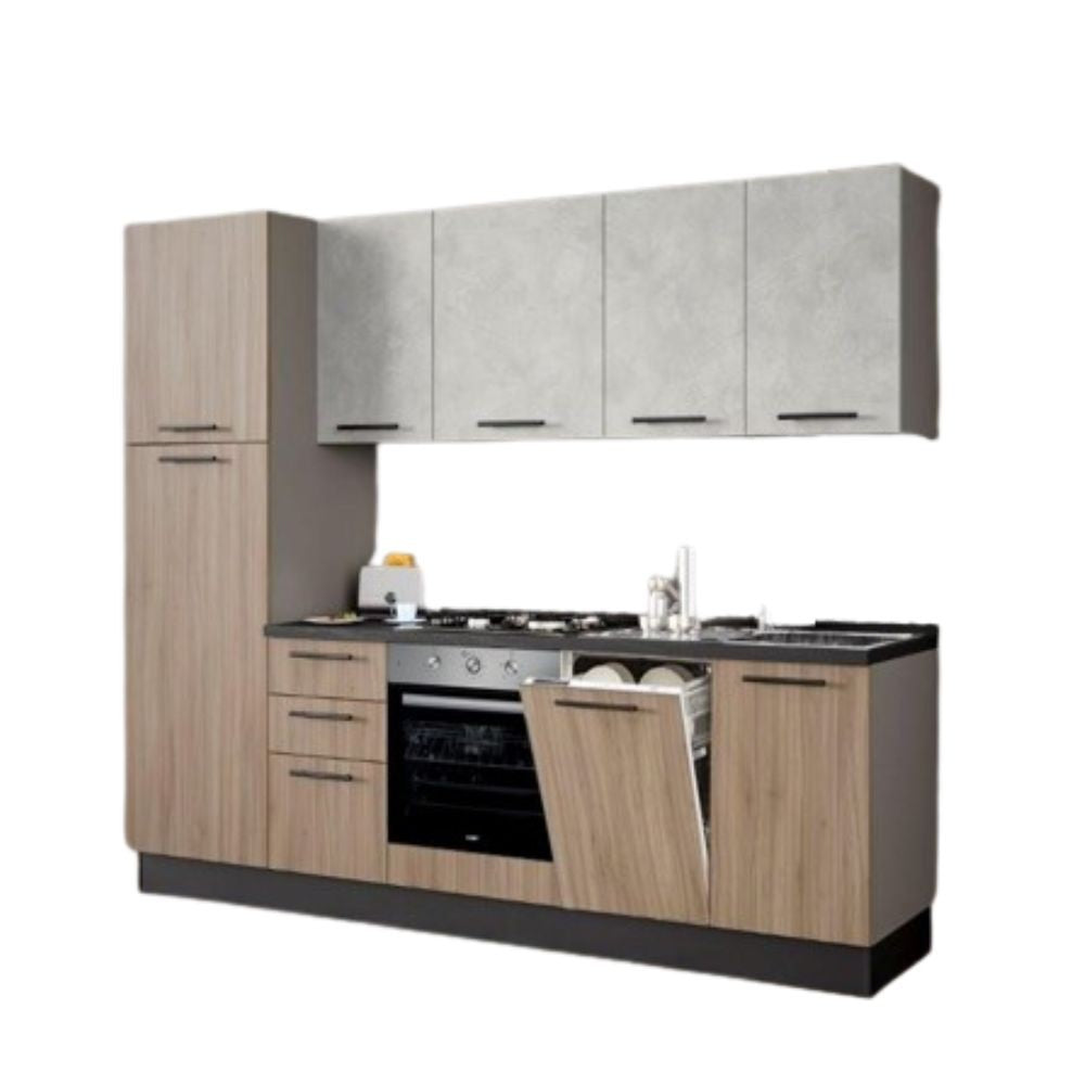 Cucina Licola 255x216H reversibile colore noce chiaro e pensili spatolato con lavastoviglie