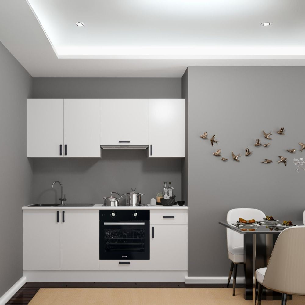 Cucina Taurus 195 cm. elettrodomestici inclusi colore bianco con maniglie in metallo nero