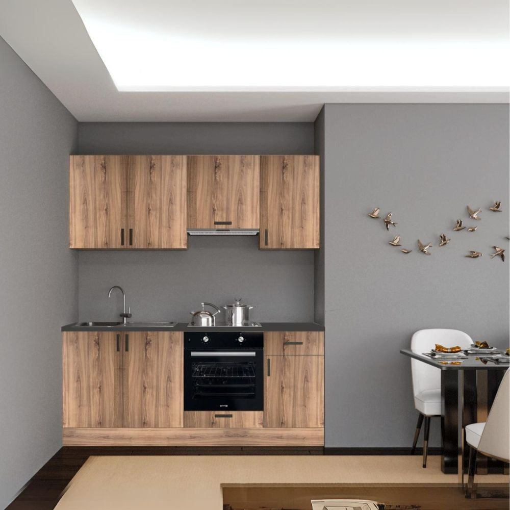 Cucina Taurus 195 cm. reversibile elettrodomestici inclusi colore rovere nodato con maniglie in metallo nero