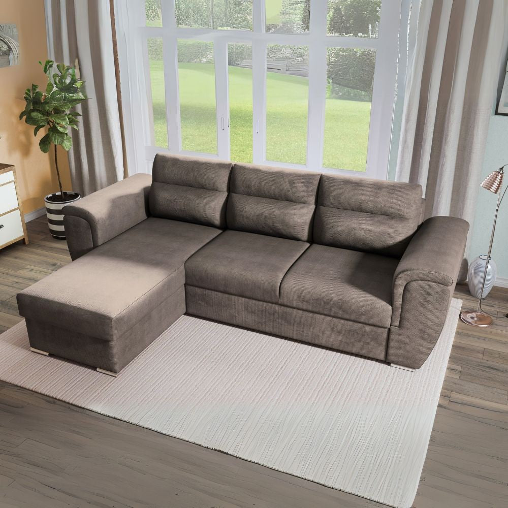 Divano Kendall II con letto estraibile e penisola contenitore reversibile in tessuto Giulia 9703 cappuccino