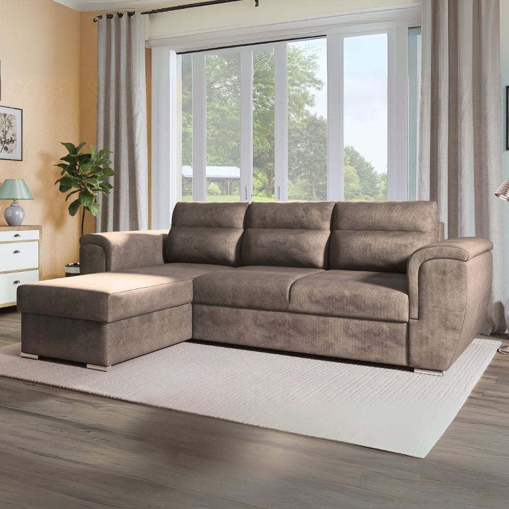 Divano Kendall II con letto estraibile e penisola contenitore reversibile in tessuto Giulia 9703 cappuccino