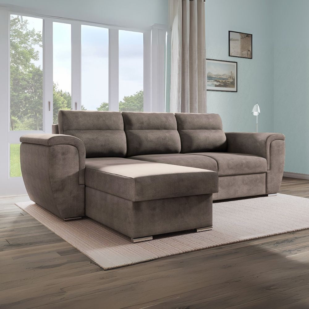 Divano Kendall II con letto estraibile e penisola contenitore reversibile in tessuto Giulia 9703 cappuccino