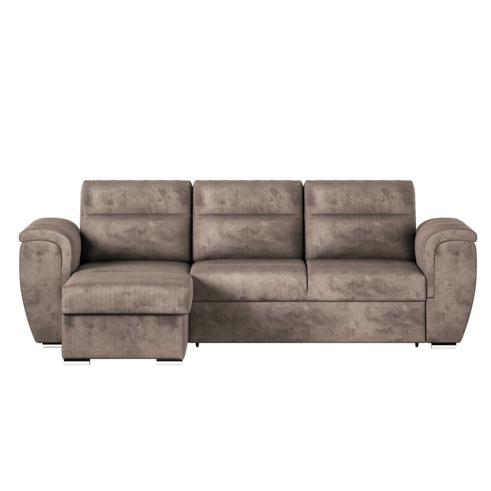 Divano Kendall II con letto estraibile e penisola contenitore reversibile in tessuto Giulia 9703 cappuccino