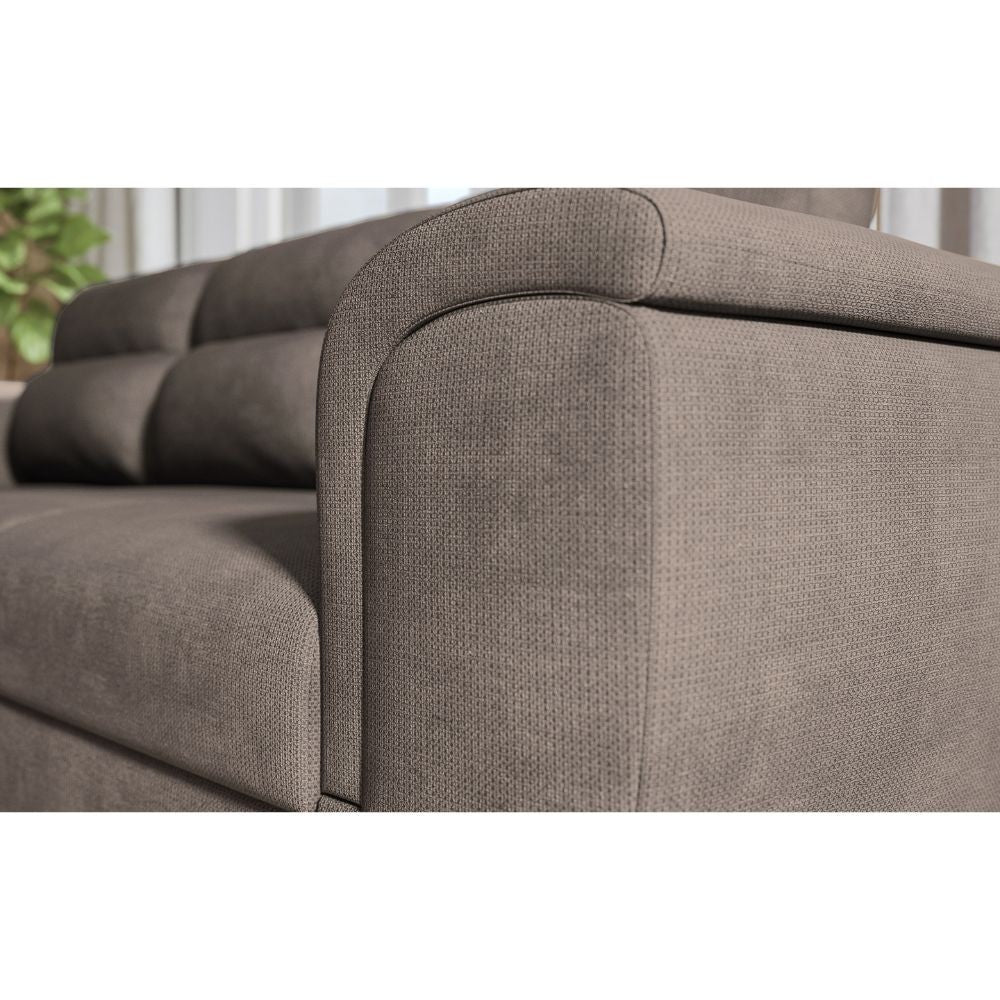 Divano Kendall II con letto estraibile e penisola contenitore reversibile in tessuto Giulia 9703 cappuccino