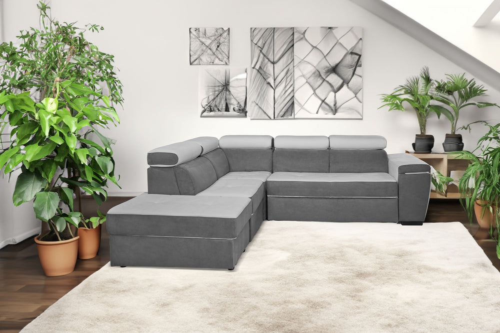 Divano Kutri penisola letto e contenitore bicolore Luna24 grigio elephant e Luna19 grigio chiaro
