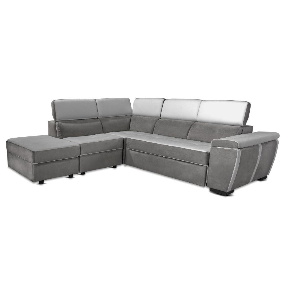 Divano Kutri penisola letto e contenitore bicolore Luna24 grigio elephant e Luna19 grigio chiaro