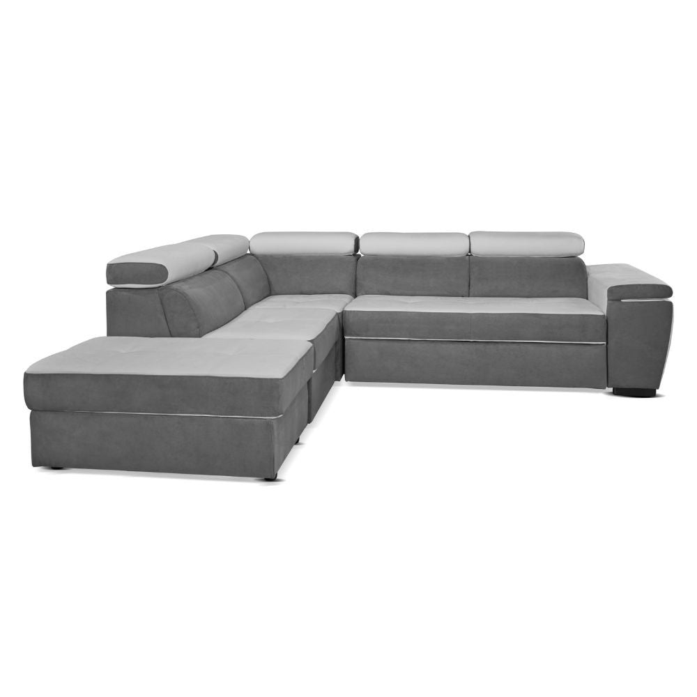 Divano Kutri penisola letto e contenitore bicolore Luna24 grigio elephant e Luna19 grigio chiaro