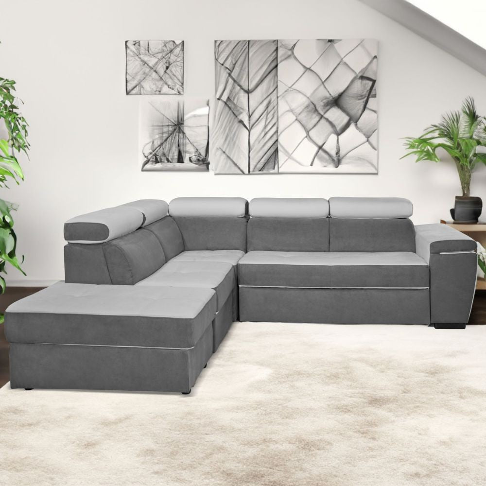 Divano Kutri penisola letto e contenitore bicolore Luna24 grigio elephant e Luna19 grigio chiaro