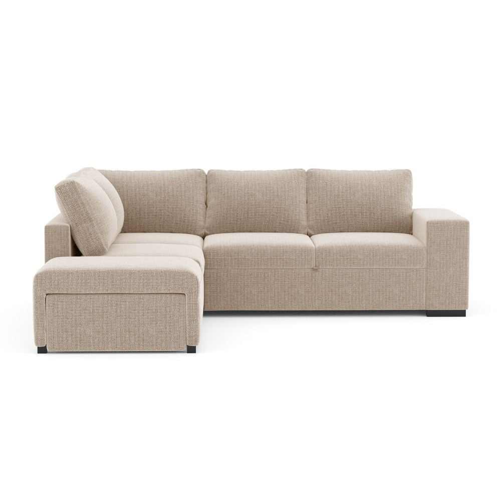 Divano letto angolare reversibile Jozzis con vano contenitore e pouf in tessuto Dubai G0741 sabbia