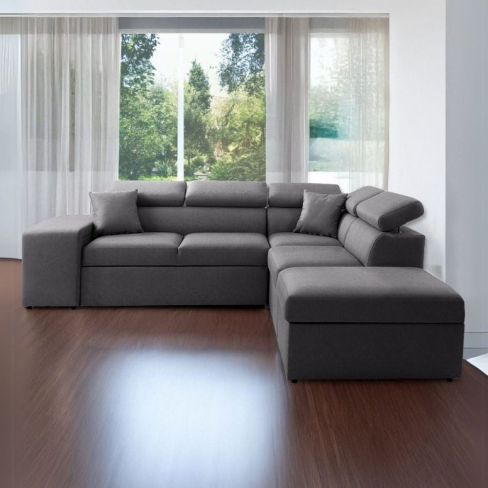 Divano letto angolare reversibile New Belen con contenitore e 2 pouff estraibili in tessuto Degas 92 grigio scuro