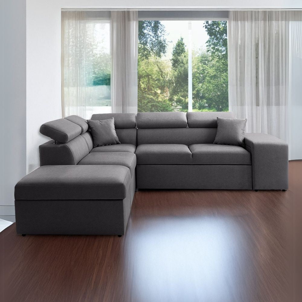 Divano letto angolare reversibile New Belen con contenitore e 2 pouff estraibili in tessuto Degas 92 grigio scuro