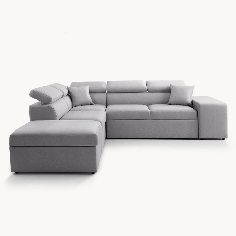 Divano letto angolare reversibile New Belen con contenitore e 2 pouff estraibili in tessuto Portland 90 grigio