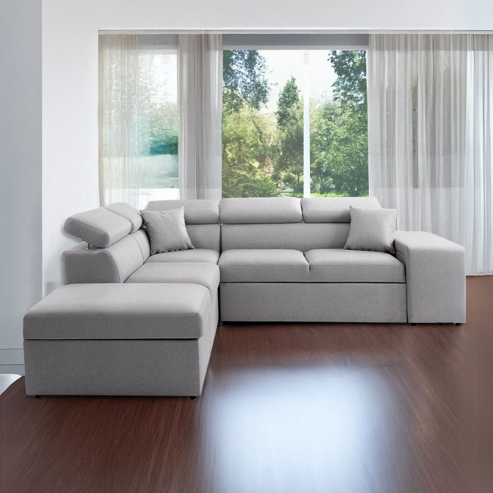 Divano letto angolare reversibile New Belen con contenitore e 2 pouff estraibili in tessuto Portland 90 grigio
