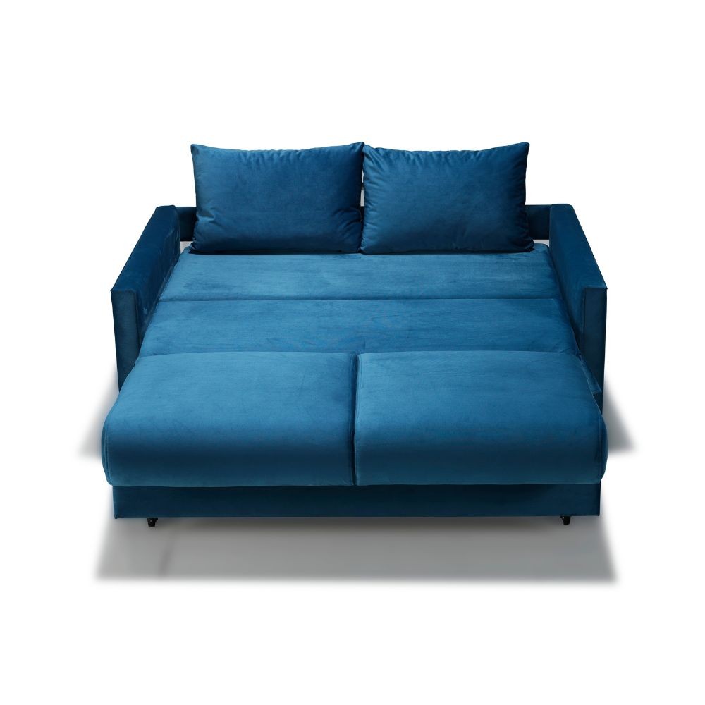 Divano letto Calion contenitore in Twist 12 light blue con piedi in legno