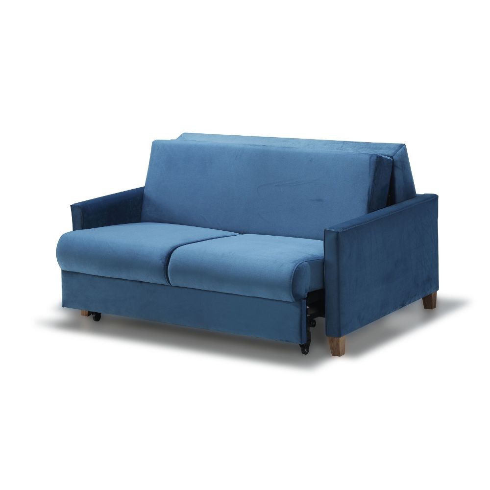 Divano letto Calion contenitore in Twist 12 light blue con piedi in legno