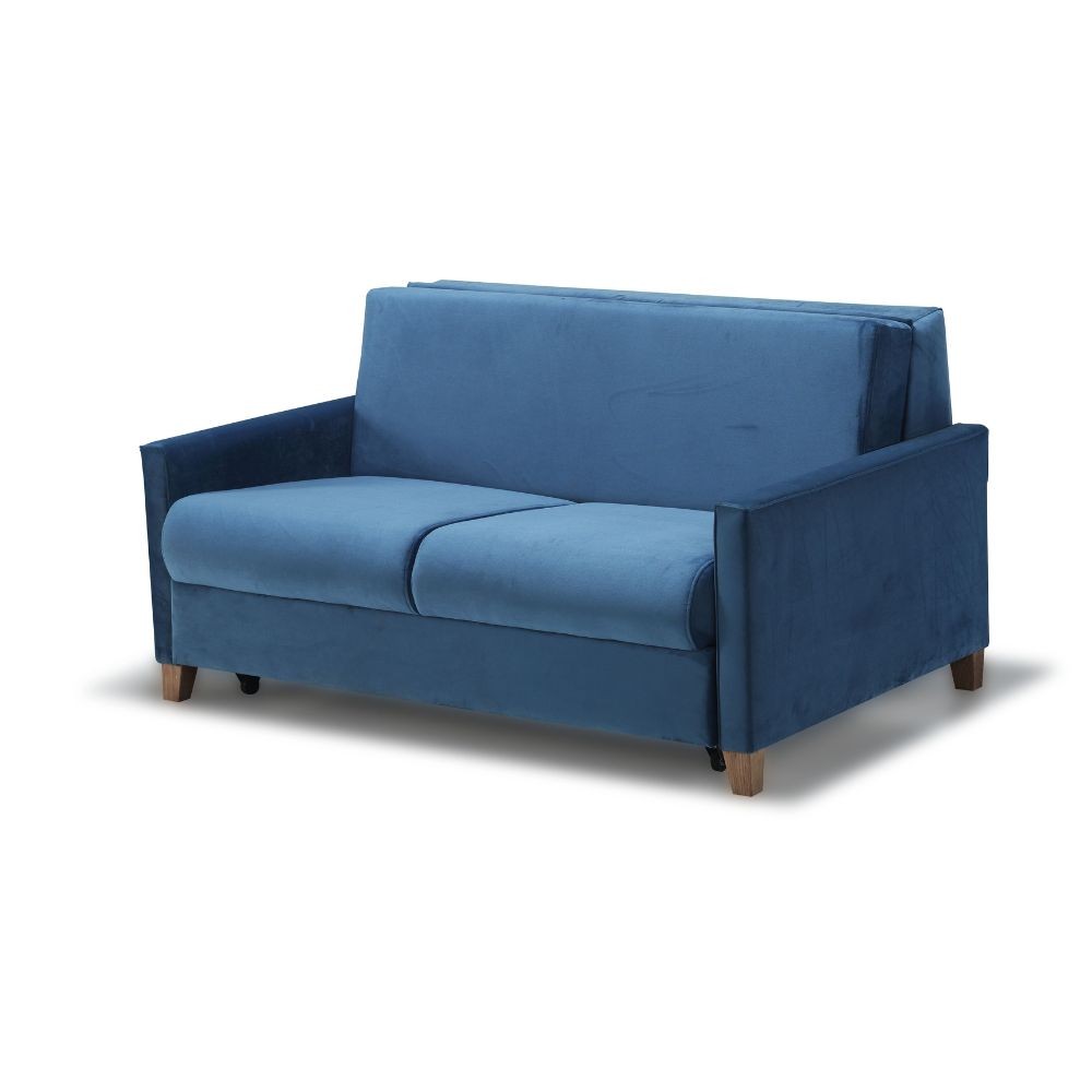 Divano letto Calion contenitore in Twist 12 light blue con piedi in legno