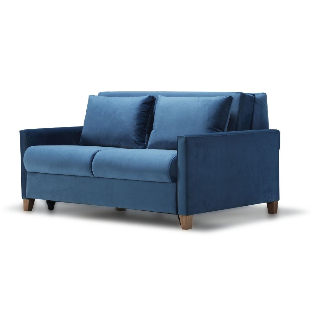 Divano letto Calion contenitore in Twist 12 light blue con piedi in legno
