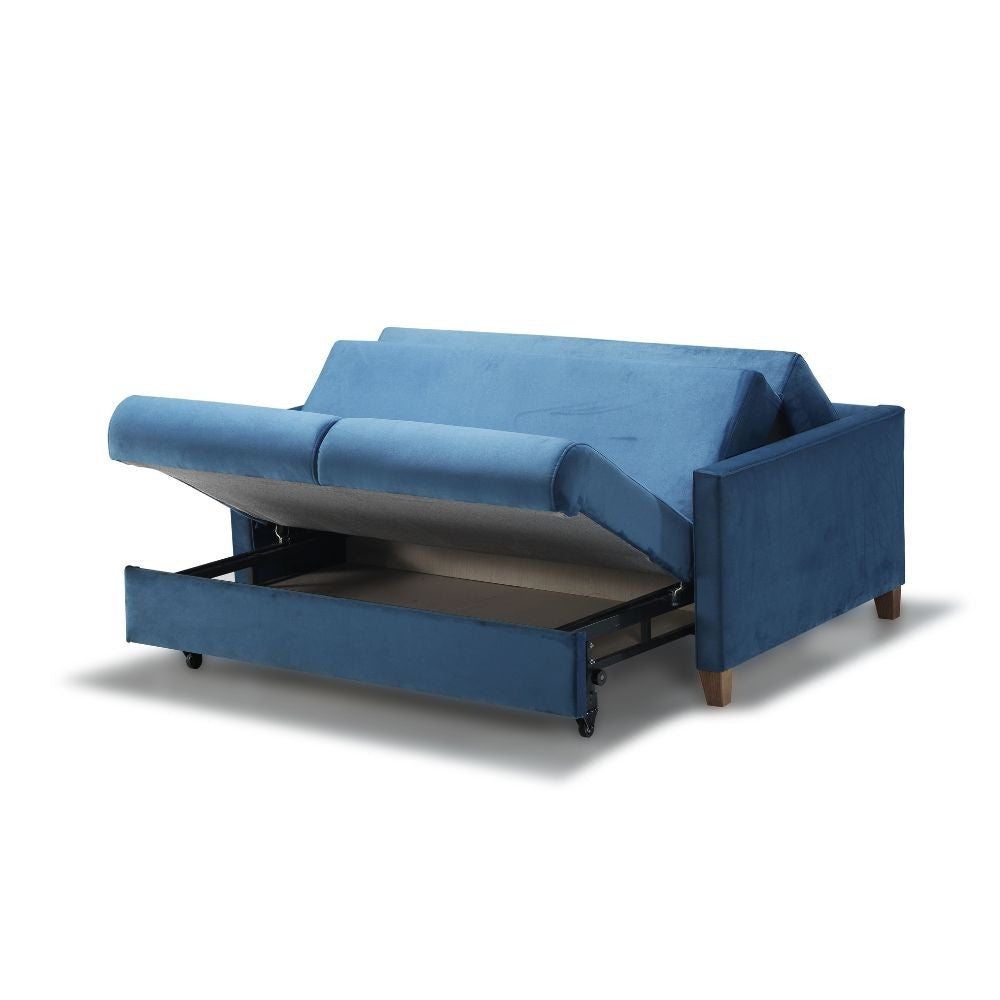Divano letto Calion contenitore in Twist 12 light blue con piedi in legno