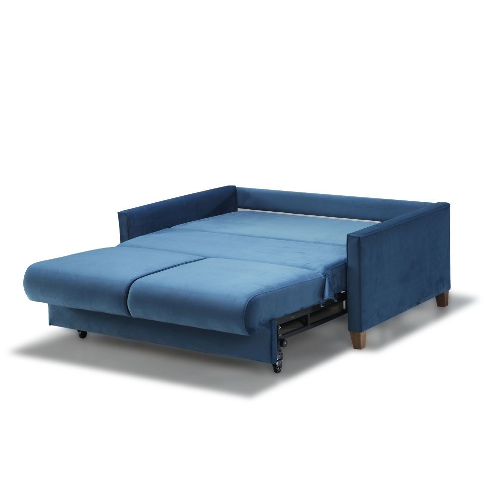 Divano letto Calion contenitore in Twist 12 light blue con piedi in legno