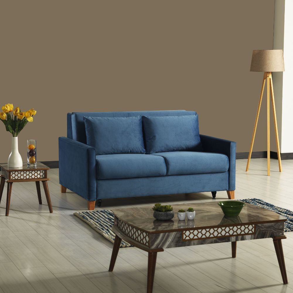 Divano letto Calion contenitore in Twist 12 light blue con piedi in legno