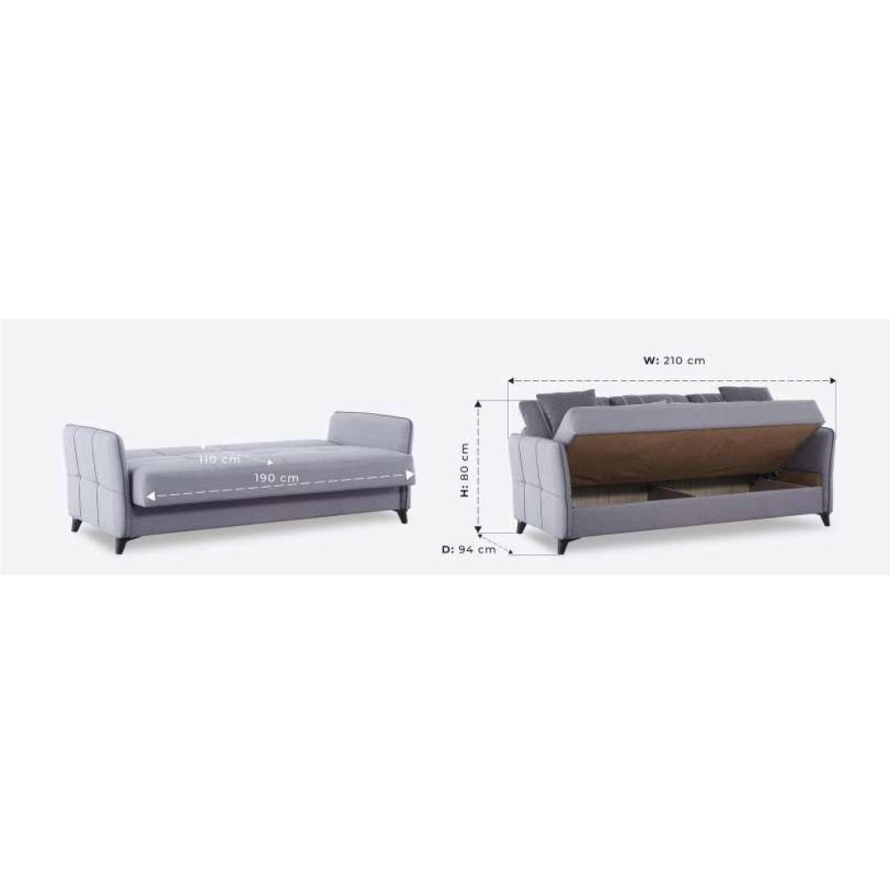 Divano letto contenitore Panama 3 posti colore grigio chiaro e cuscini grigio scuro