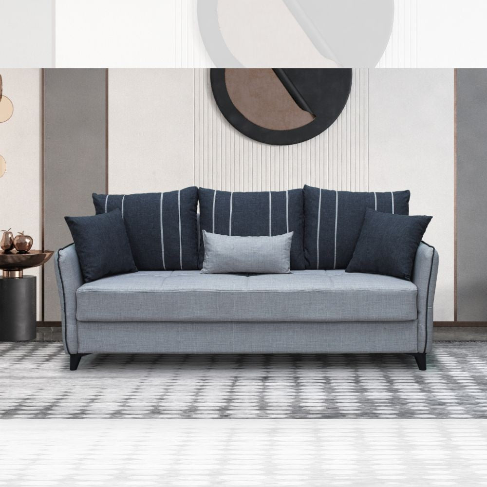 Divano letto contenitore Panama 3 posti colore grigio chiaro e cuscini grigio scuro