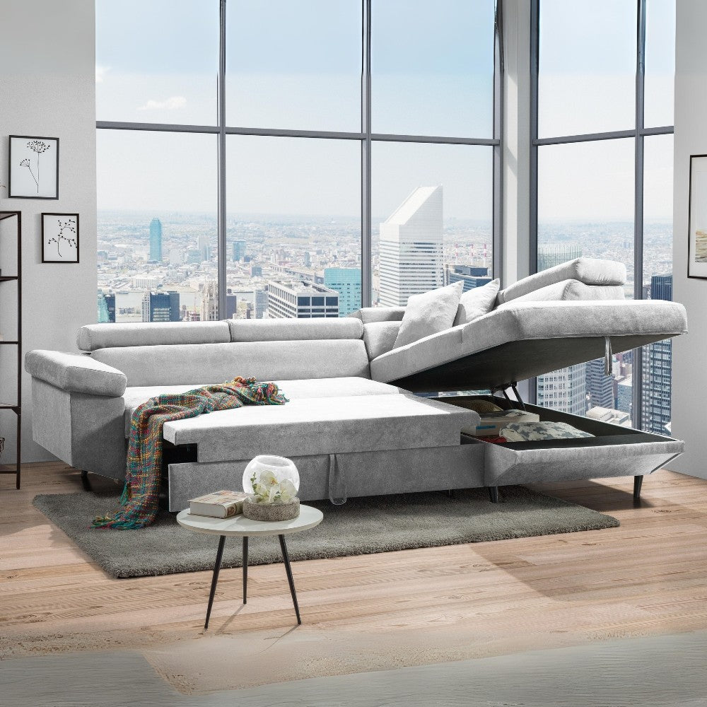 Divano letto Denver con penisola contenitore destra in Rondo 80 grigio chiaro