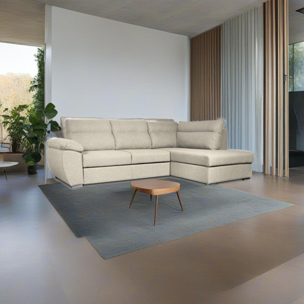 Divano letto Kendall III con penisola contenitore destro in tessuto Barrel 04 beige