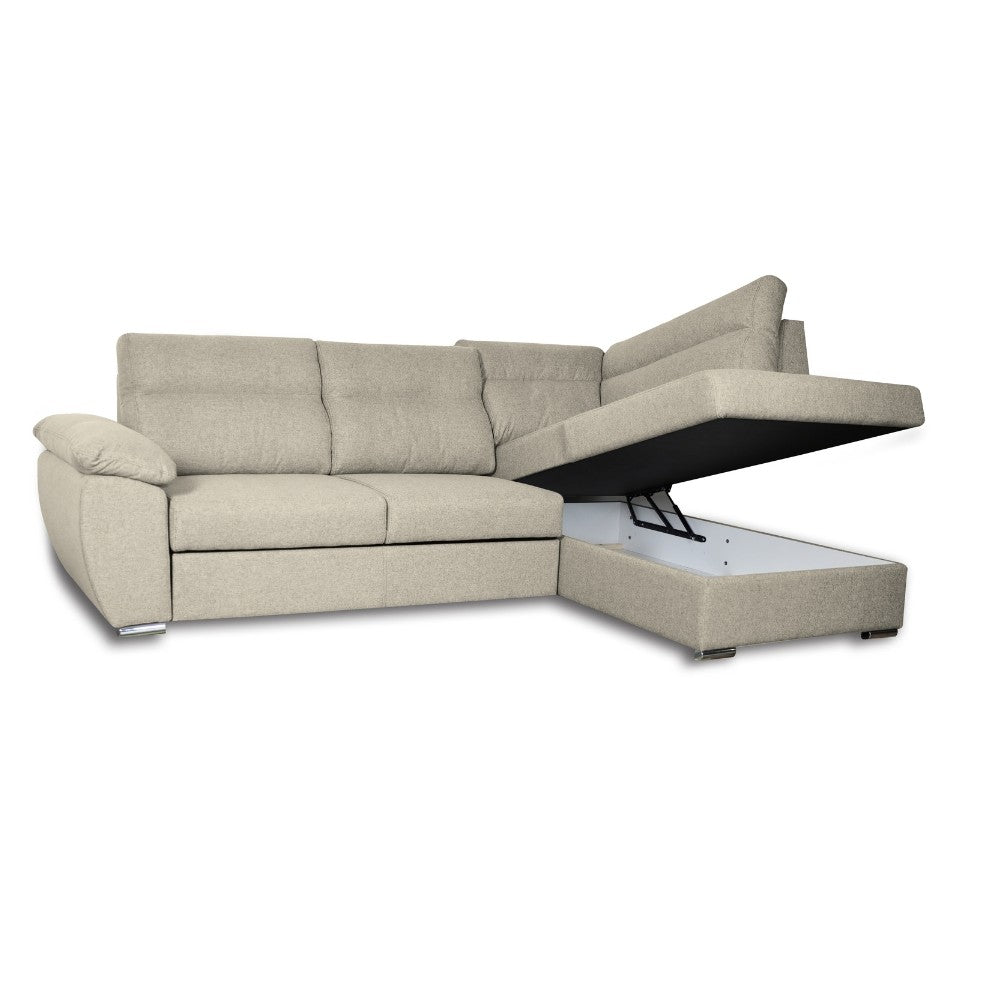 Divano letto Kendall III con penisola contenitore destro in tessuto Barrel 04 beige