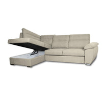 Divano letto Kendall III con penisola contenitore sinistro in tessuto Barrel 04 beige