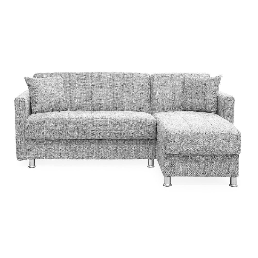Divano letto Oasis con penisola contenitore reversibile in tessuto Mina 01 grigio chiaro