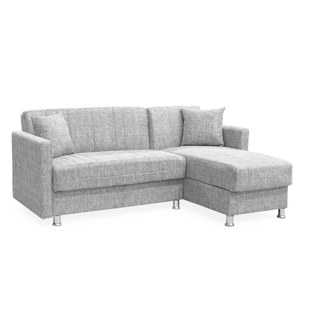 Divano letto Oasis con penisola contenitore reversibile in tessuto Mina 01 grigio chiaro