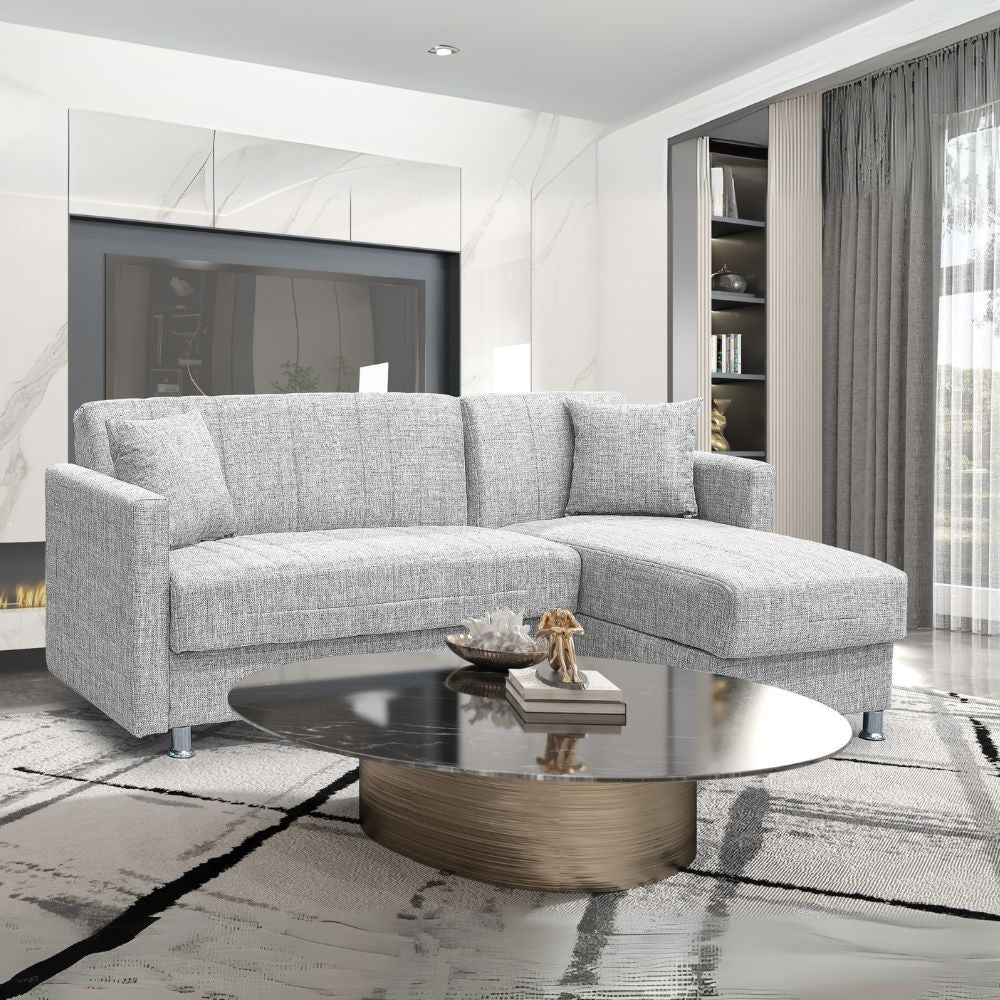 Divano letto Oasis con penisola contenitore reversibile in tessuto Mina 01 grigio chiaro