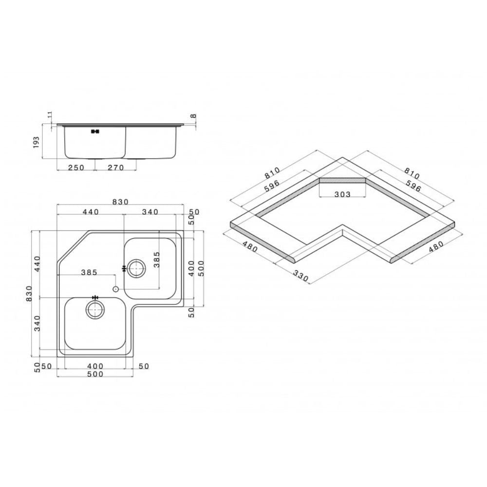 Lavello angolare da incasso ROAN2IBC 2 vasche con gocciolatoio 83x83 cm inox