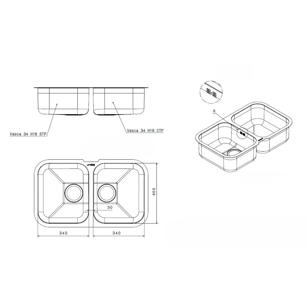 Lavello Smeg UM3434 sottotop 76x45 cm 2 vasche inox