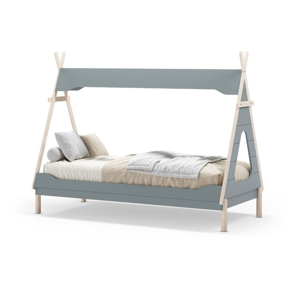 Letto a capanna Nora in legno massiccio colore verde petrolio e bianco
