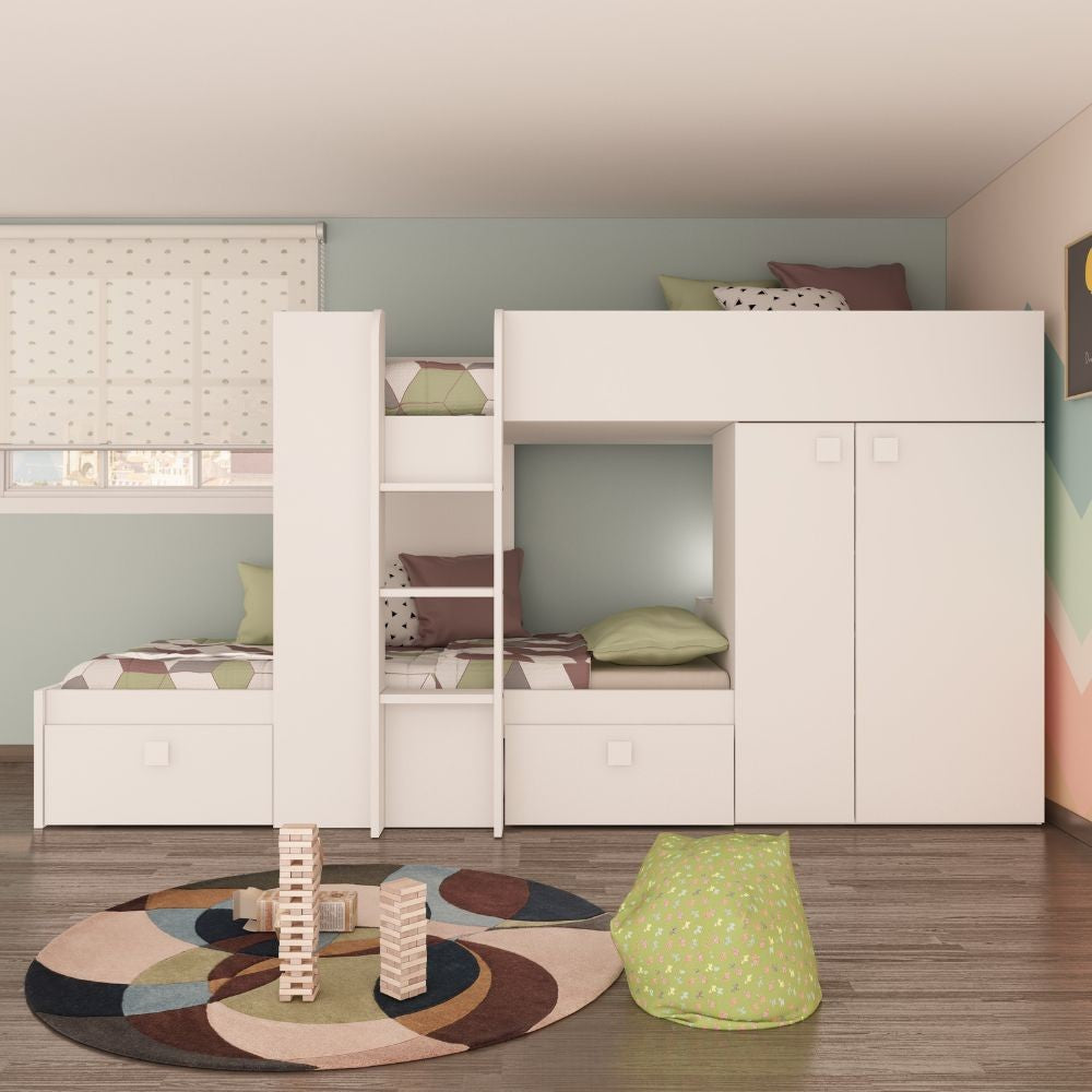 Letto a castello 1277 reversibile con due cassetti e armadio colore bianco