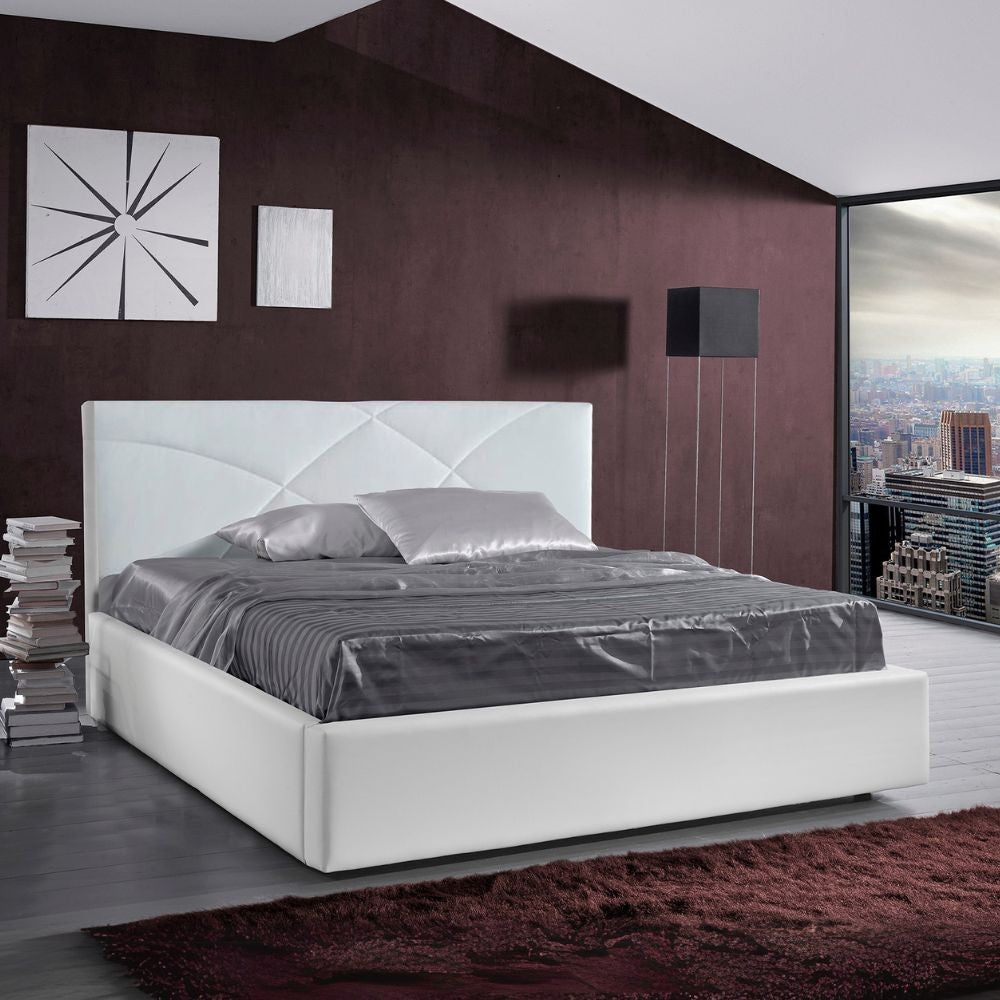 Letto matrimoniale imbottito Fiore con contenitore in ecopelle bianco