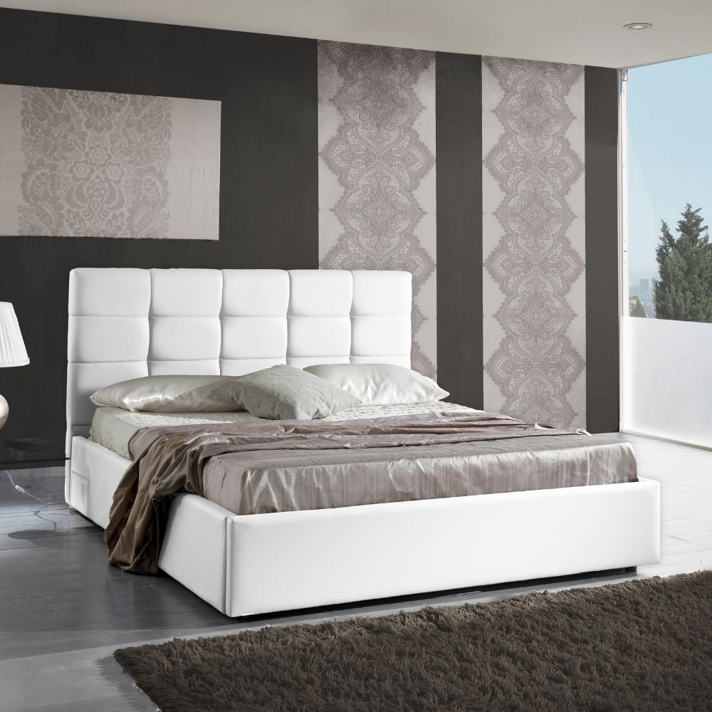 Letto matrimoniale imbottito Prima con contenitore in ecopelle bianco