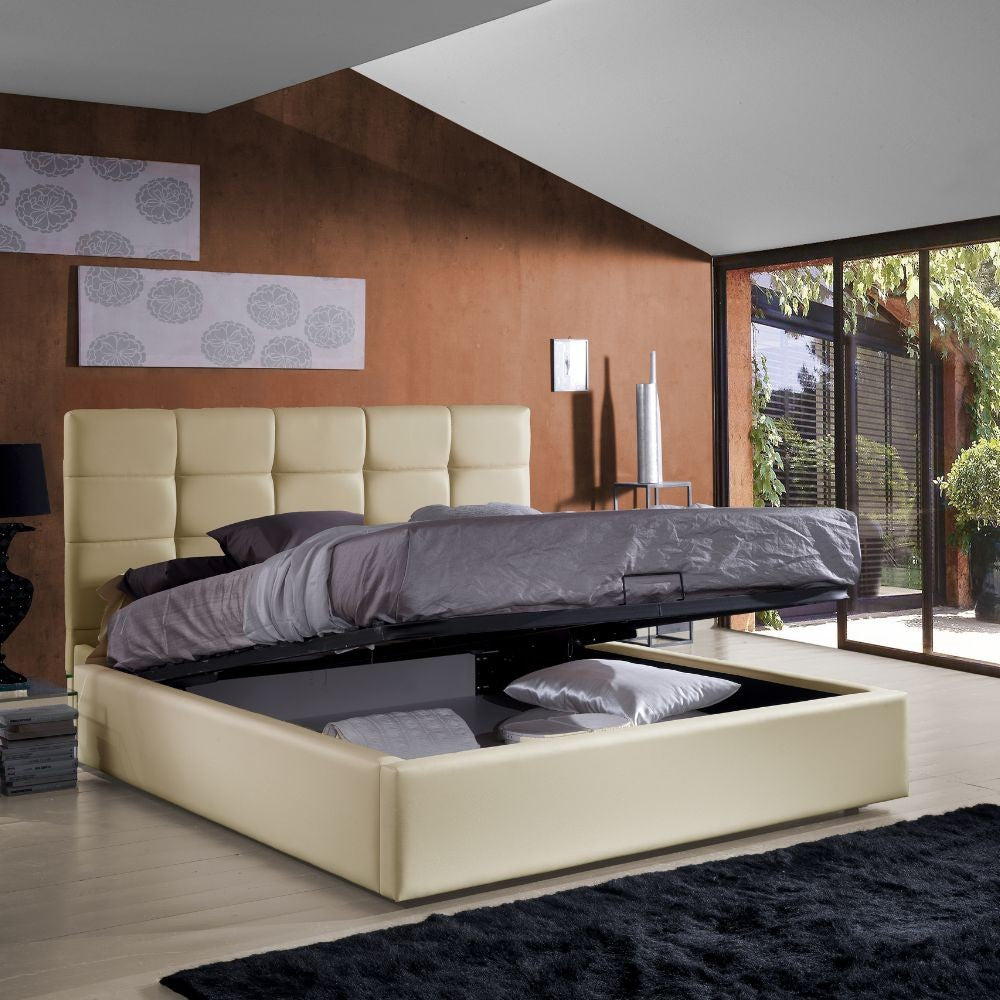 Letto matrimoniale imbottito Prima con contenitore in ecopelle crema
