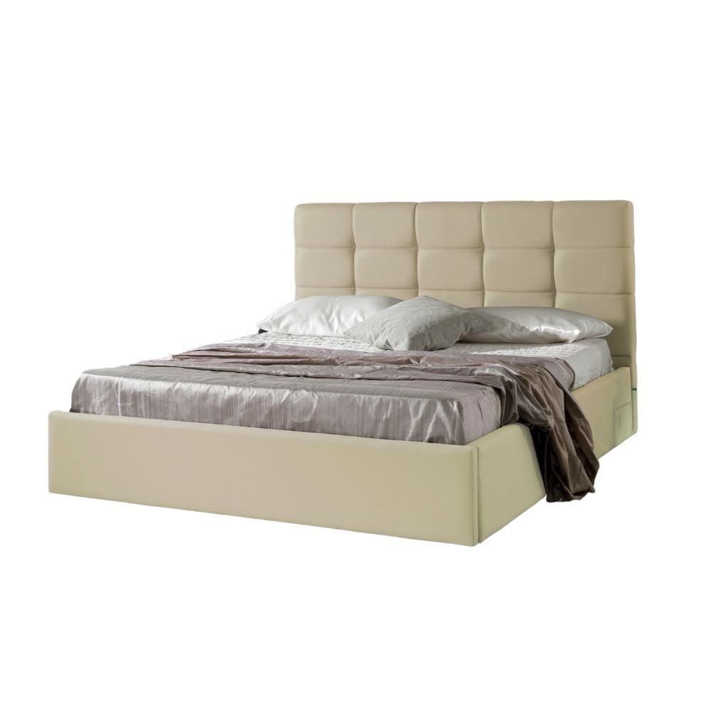 Letto matrimoniale imbottito Prima con contenitore in ecopelle crema