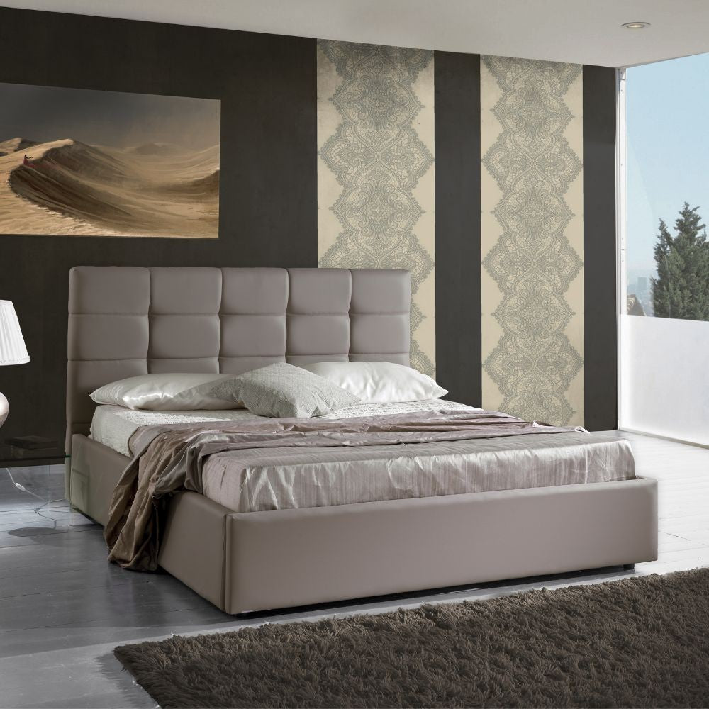 Letto matrimoniale imbottito Prima con contenitore in ecopelle tortora