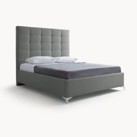 Letto matrimoniale Napoli Grande imbottito con contenitore in tessuto barrel 83 grigio chiaro con bottoni
